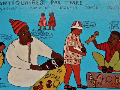 Diané Boubacar, "Antiquaires par terre". Acrilico su tavola, cm 32 x 45. Londra, The British Museum, n. Af1987,03.33. 