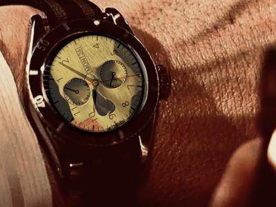 Frame shot dal film Goldfinger (1964), con innesto nel quadrante di un particolare del Memento mori di Andrea Previtali (doc. Venezia 1502 – Bergamo 1528) del Museo Poldi Pezzoli.